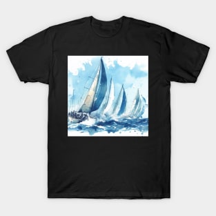 Artist illustration of sailboats racing, in blue hues T-Shirt